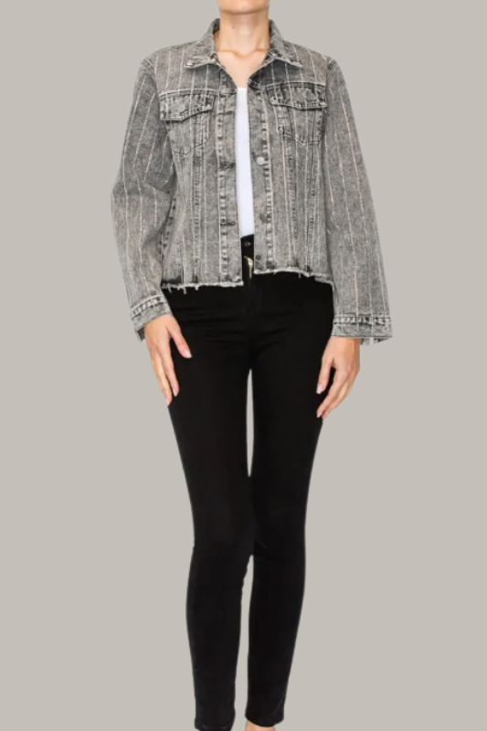 Rhinestone Denim Jacket -Grey
