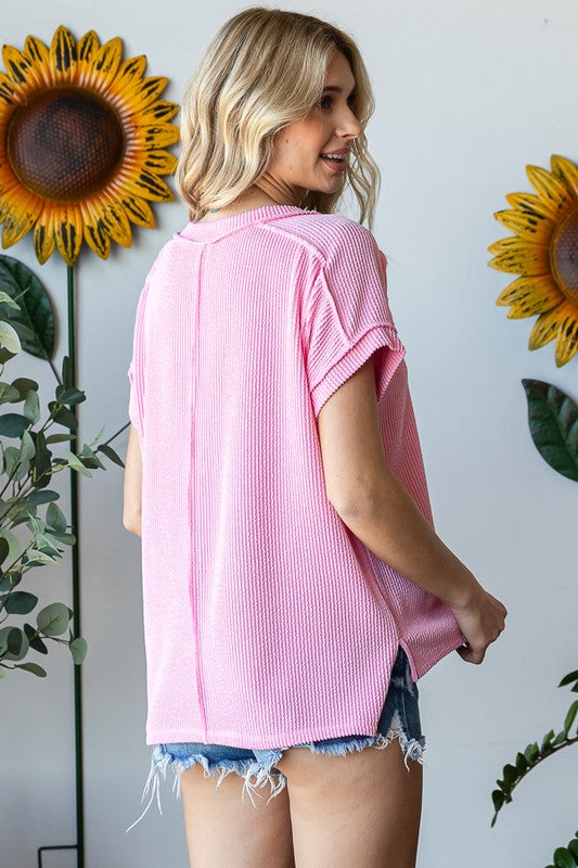Ribbed Drop Shoulder Tee V neck- Pink