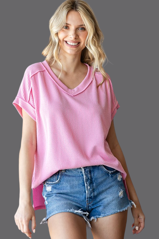 Ribbed Drop Shoulder Tee - Pink