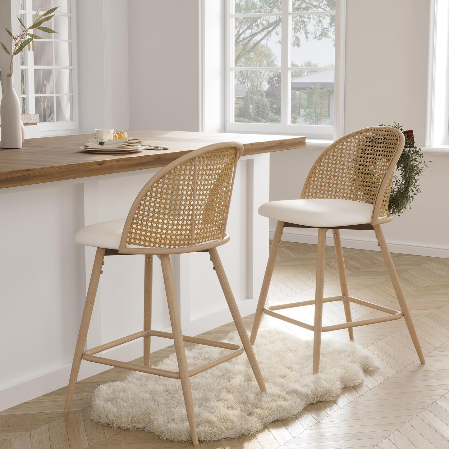 Amazon-TYBOATLE 26'' BarStools Set of 2 w/Rattan Backrest, Swivel Counter Height Bar stools w/Metal Legs, Modern Mid-Century Boho Bar stools with Faux Leather for Kitchen Island, Dining Room, White