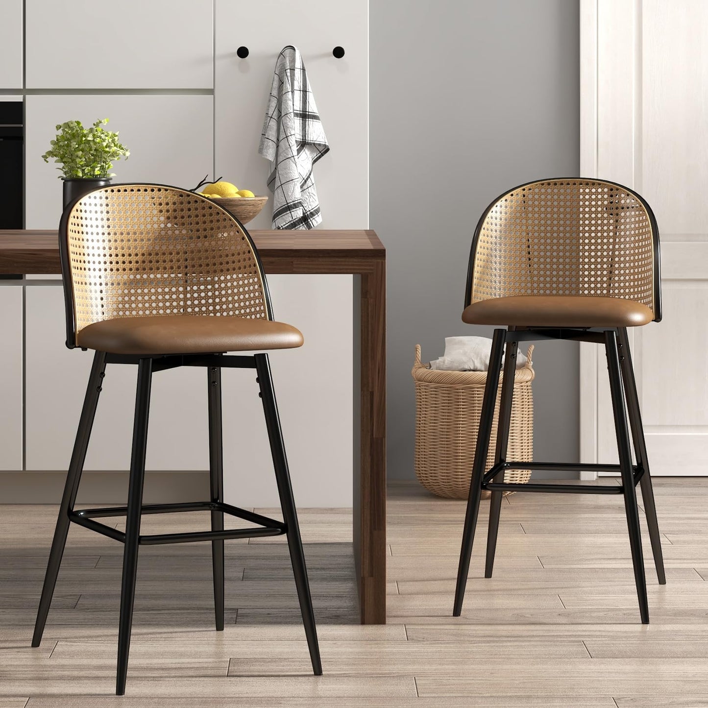 Amazon-TYBOATLE 26'' BarStools Set of 2 w/Rattan Backrest, Swivel Counter Height Bar stools w/Metal Legs, Modern Mid-Century Boho Bar stools with Faux Leather for Kitchen Island, Dining Room, White