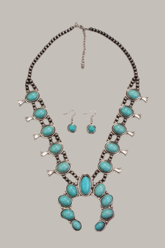 Faux Turquoise Squash Blossom Necklace and Earrings