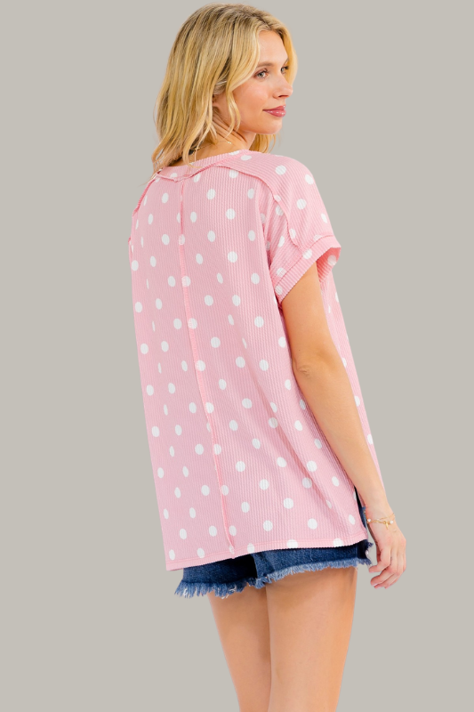 Ribbed Drop Shoulder Top- Pokadot