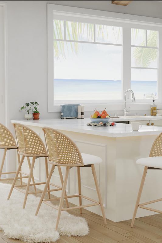 Amazon-TYBOATLE 26'' BarStools Set of 2 w/Rattan Backrest, Swivel Counter Height Bar stools w/Metal Legs, Modern Mid-Century Boho Bar stools with Faux Leather for Kitchen Island, Dining Room, White