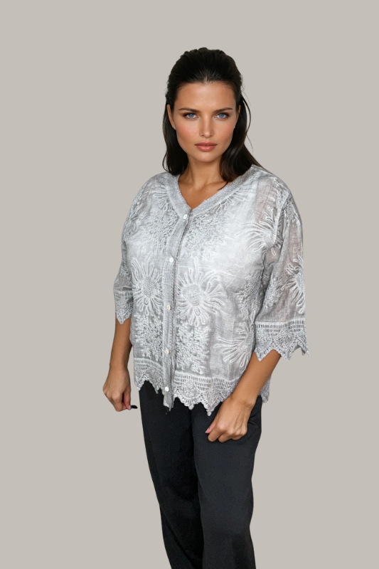 Delicate Embroidered Button Top-Gray