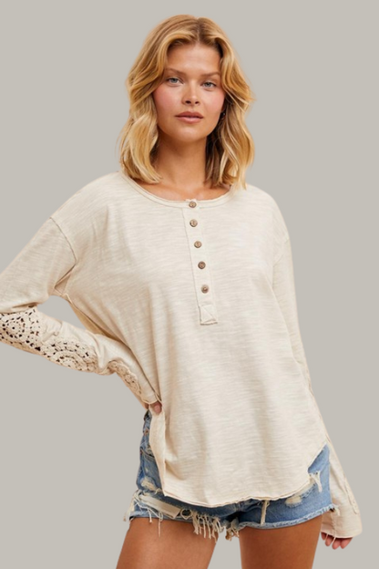 Crochet Sleeve Henley Top (Cream)