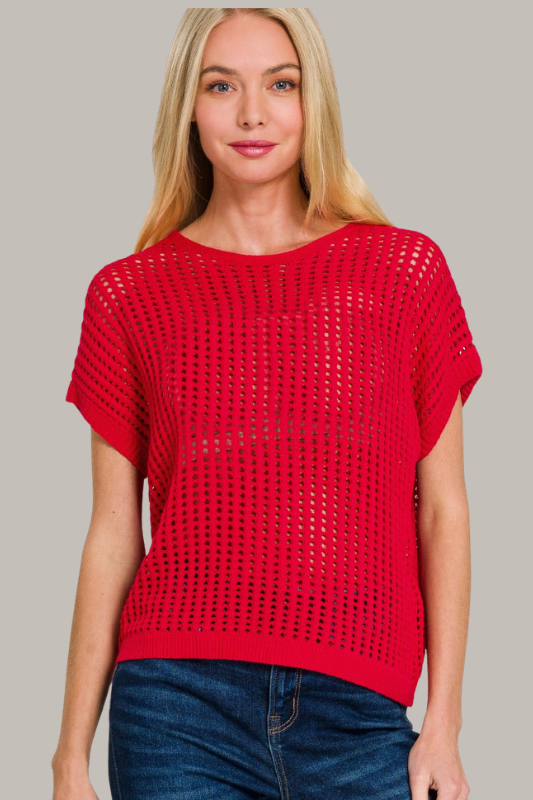 Open Knit Sweater- Red