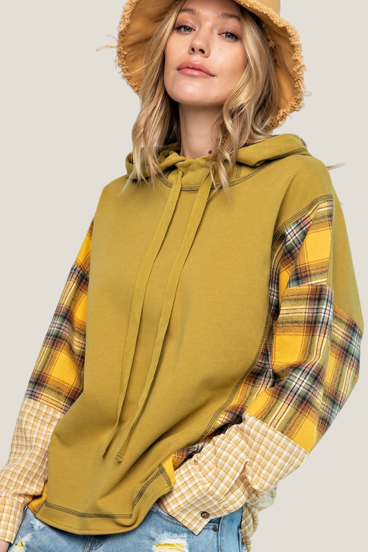 Plaid Mix Terry Knit Hoodie