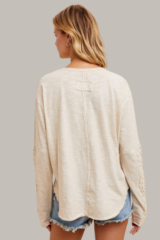 Crochet Sleeve Henley Top (Cream)