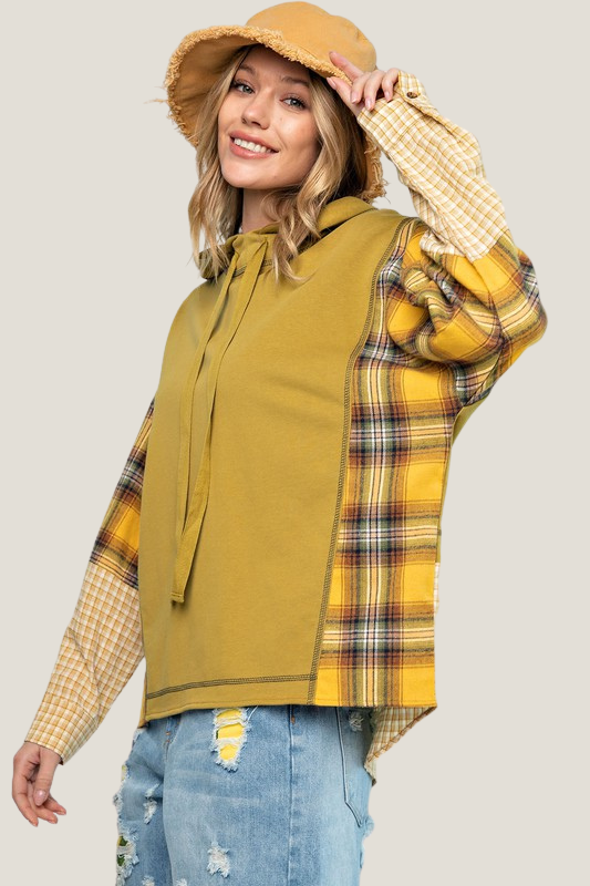 Plaid Mix Terry Knit Hoodie