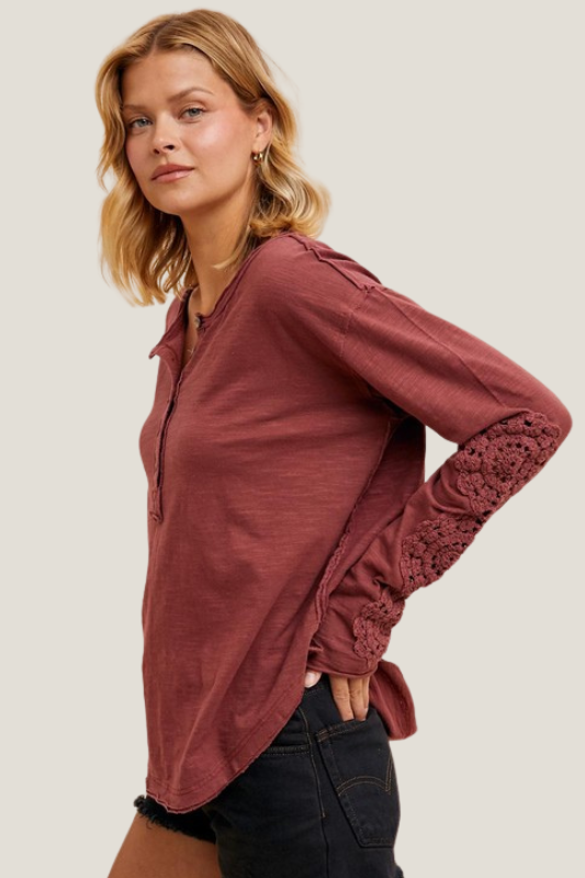 Crochet Sleeve Henley Top (Burgundy)