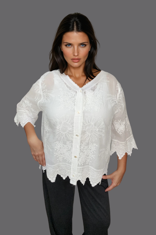 Delicate Embroidered Button Top-White