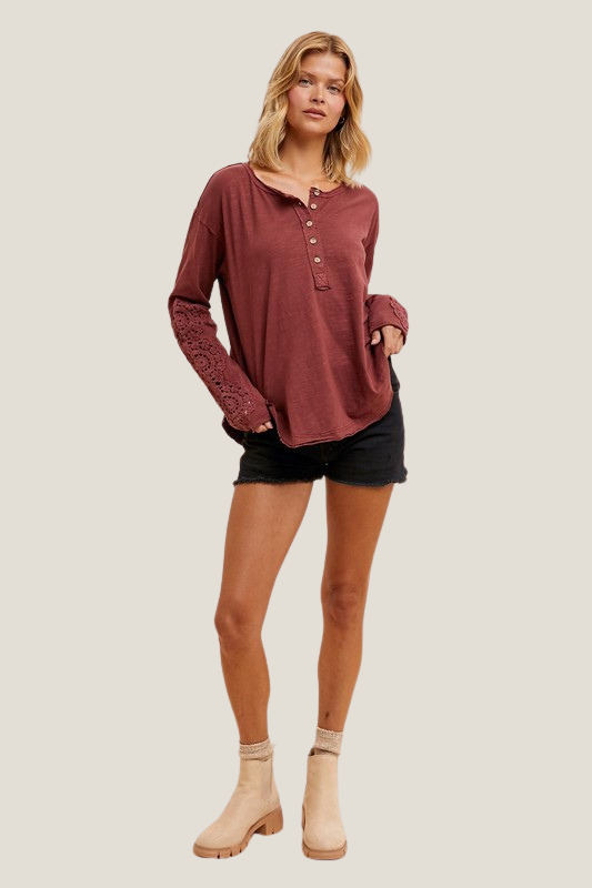 Crochet Sleeve Henley Top (Burgundy)