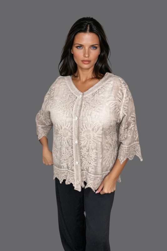 Delicate Embroidered Button Top -Taupe