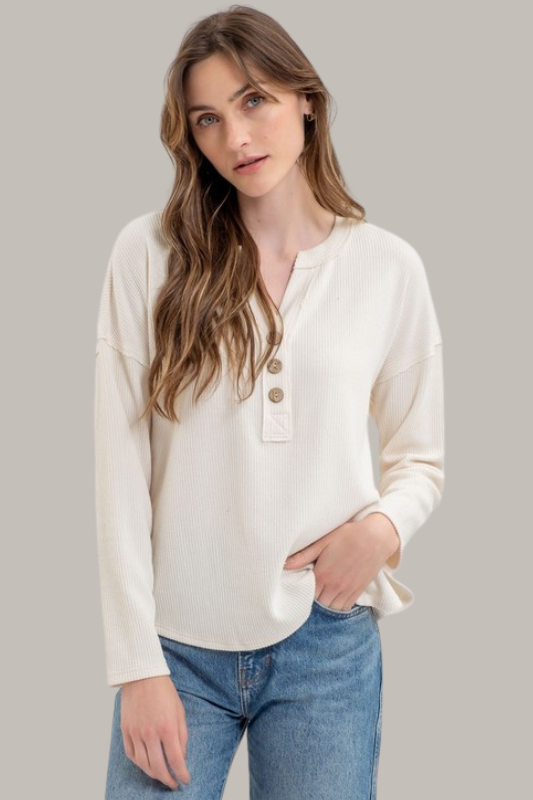 V Neck Henley Top (Cream)