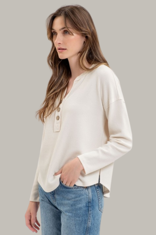 V Neck Henley Top (Cream)