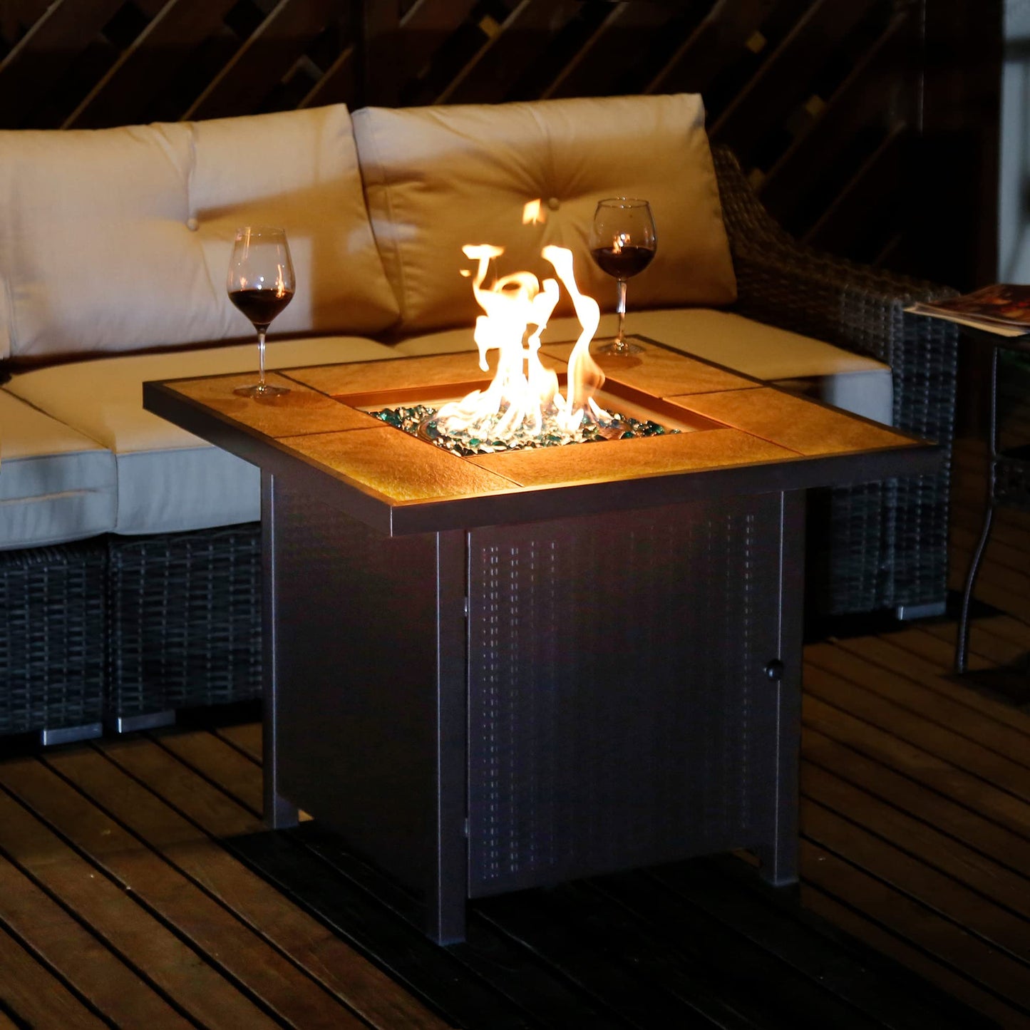 BALI OUTDOORS Propane Gas Fire Pit Table 32 inch 50,000 BTU Square Gas Firepits for Outside, Brown