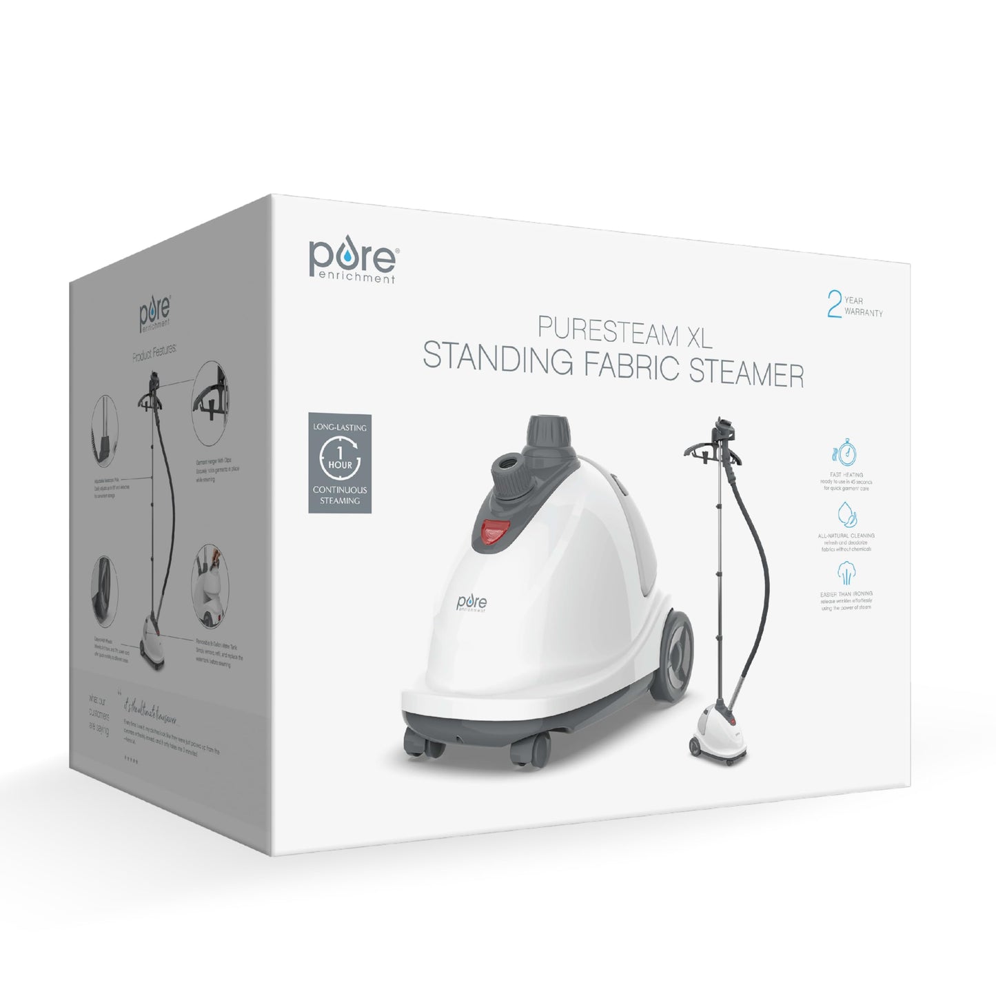 Pure Enrichment® PureSteam™ XL Standing Fabric Steamer - Professional Wrinkle Remover Heats in 45 Seconds; 1/2-Gallon Tank for 1 Hour of Steaming; Easy-Roll Wheels, Garment Hanger, & Fabric Brush