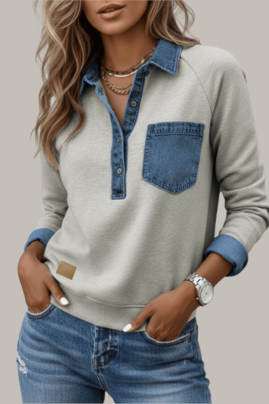 Denim Trimmed Sweatshirt