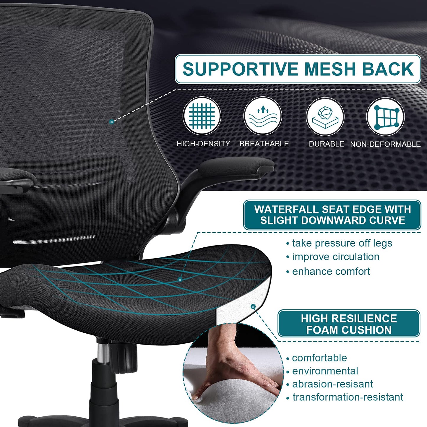 Funria Mesh Desk Chair with Wheels Black Mesh Office Chair with Flip Up Arms Mesh Back Home Office Desk Chair with Good Lumbar Support Height Adjustable Office Task Chairs Clearance