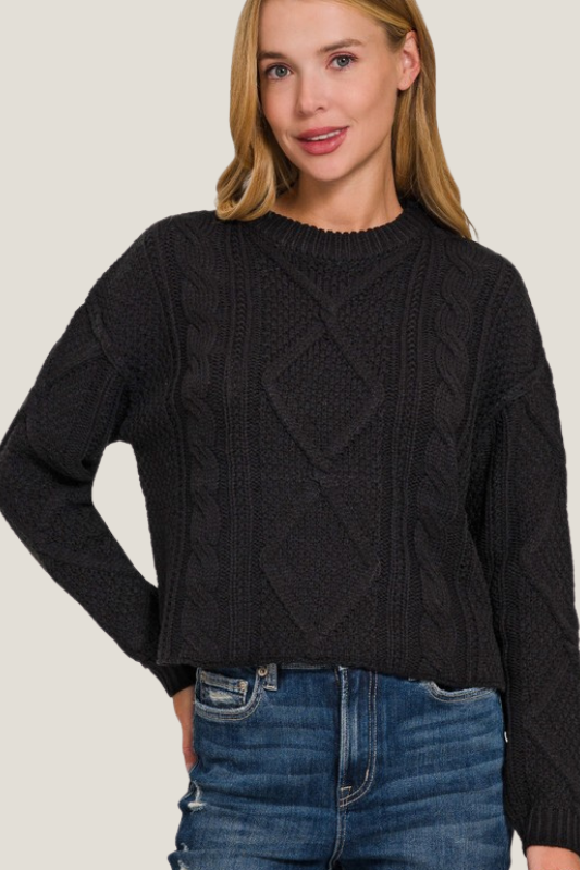 Crop Cable Knit Sweater (Black)