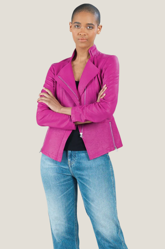 CLARA SUNWOO: Magenta Liquid Leather Jacket